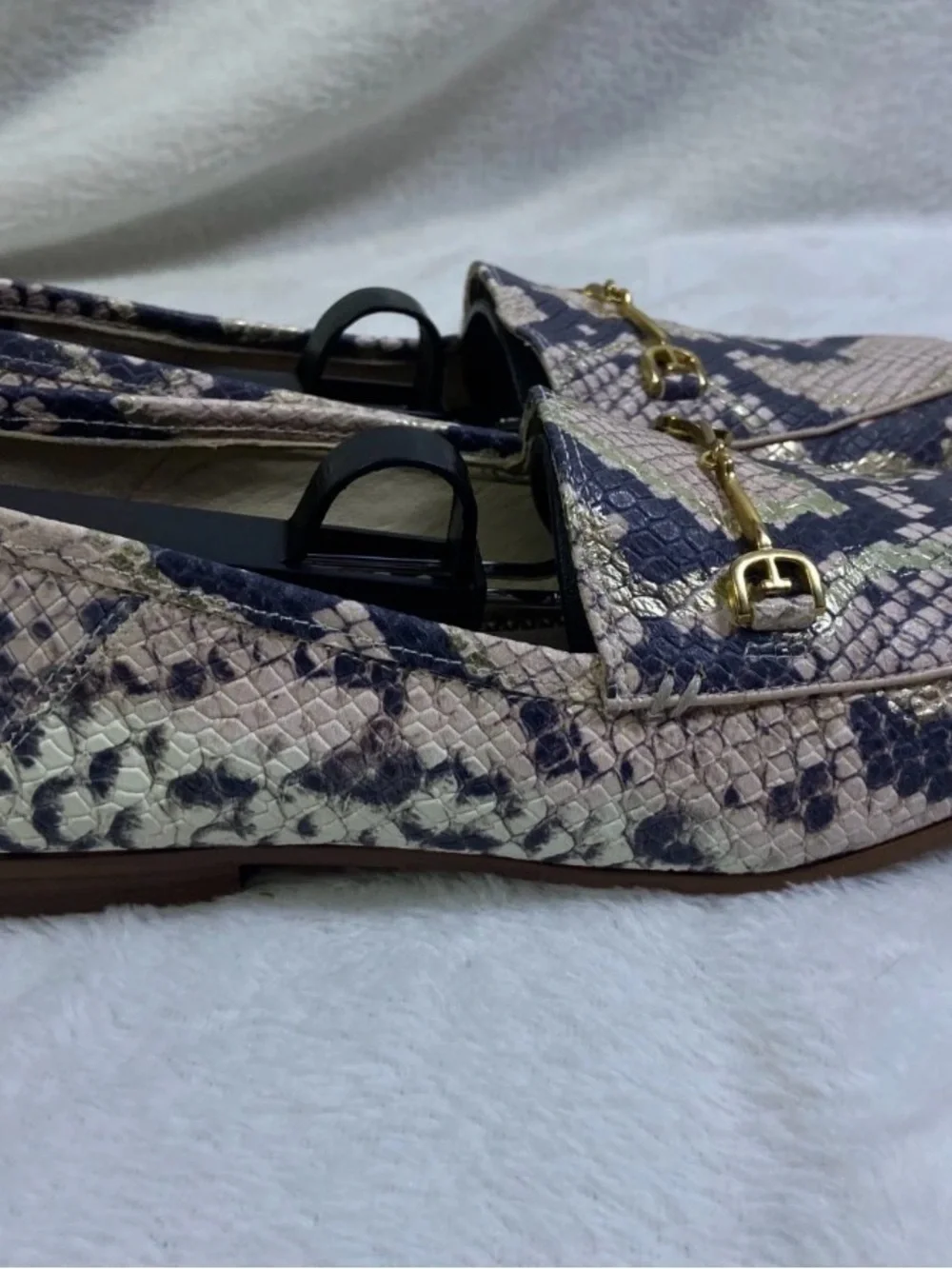 Sam Edelman Navy & Cream Snake-Print Loafers with Gold Bit